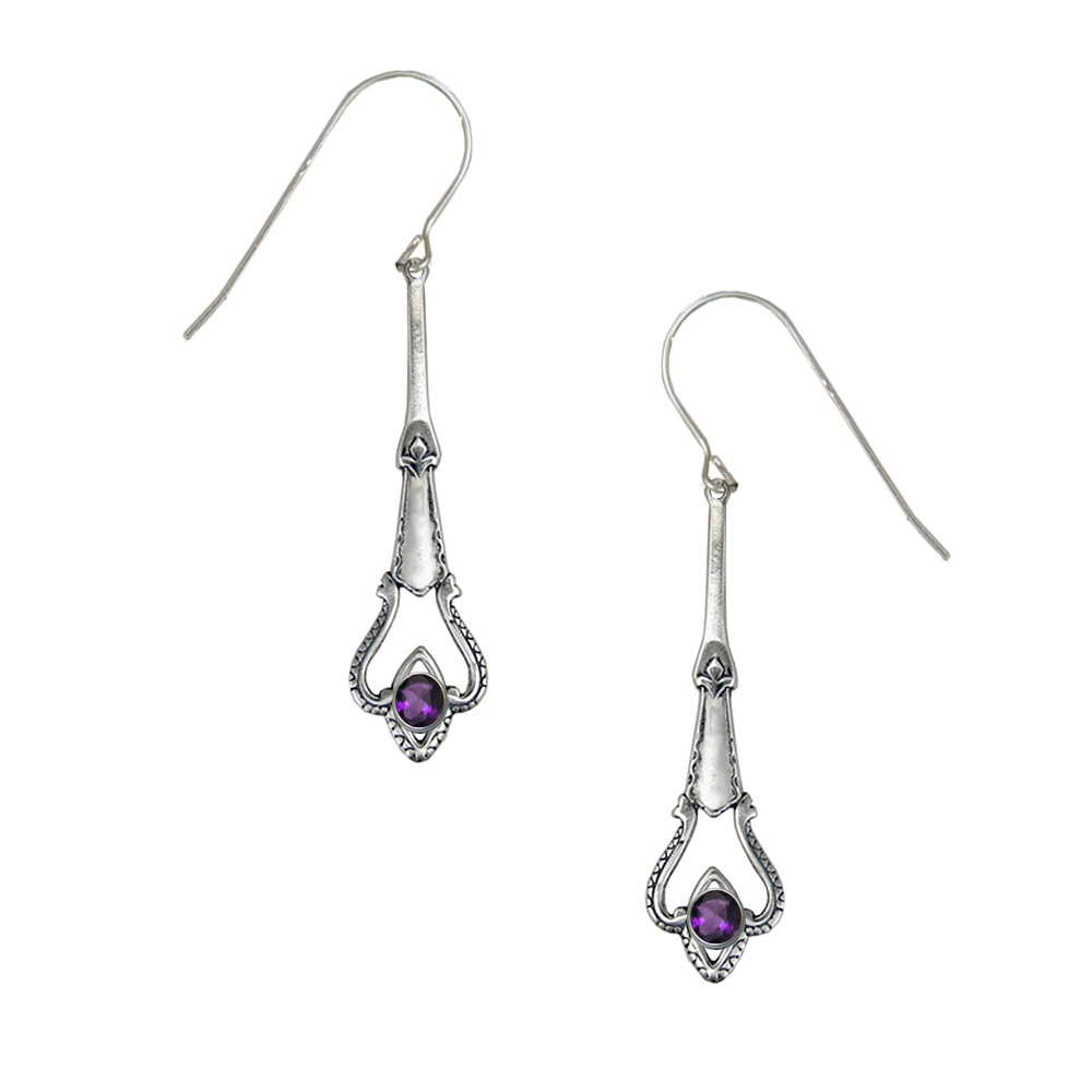 Sterling Silver Art Deco Drop Dangle Earrings With Faceted Amethyst